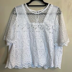 Est. 1946 Eyelet Pullover Top Lace Cape Sleeve White Round Neck XL